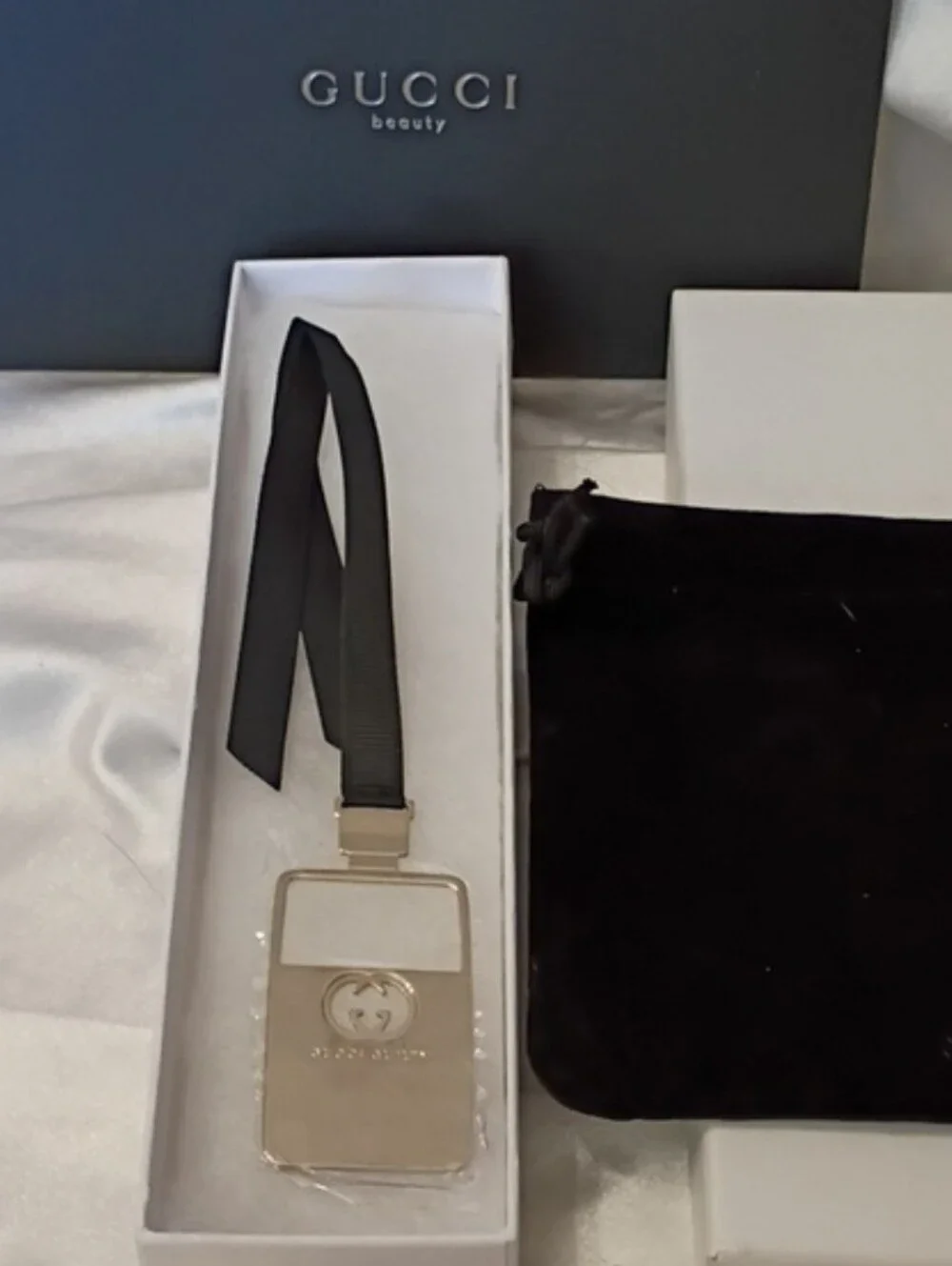 New Gucci Charm Silver Book Mark On Black Ribbon